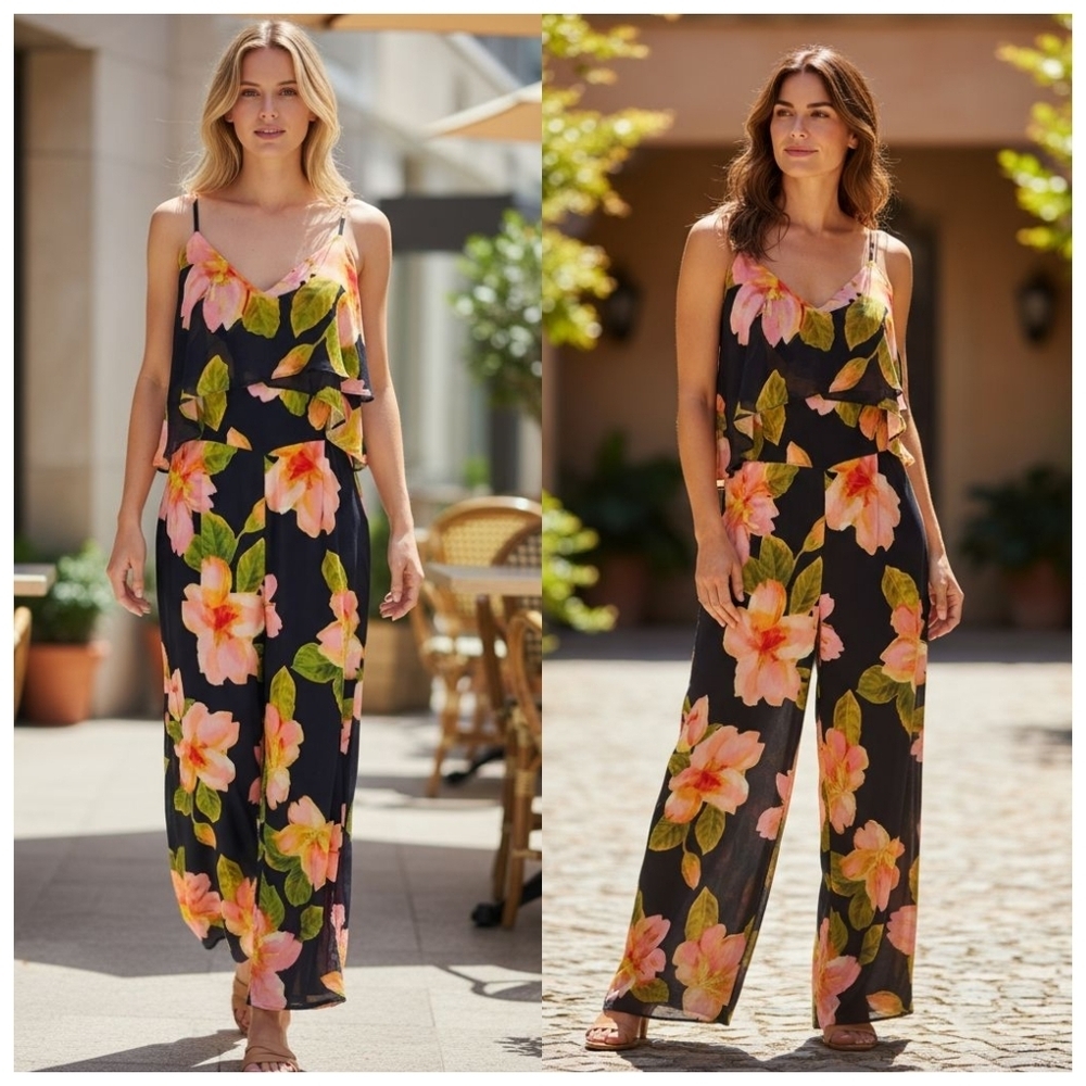 Ecru Womens Silk Floral Jumpsuit XS Resortwear Romantic Maximalist Boho Luxe